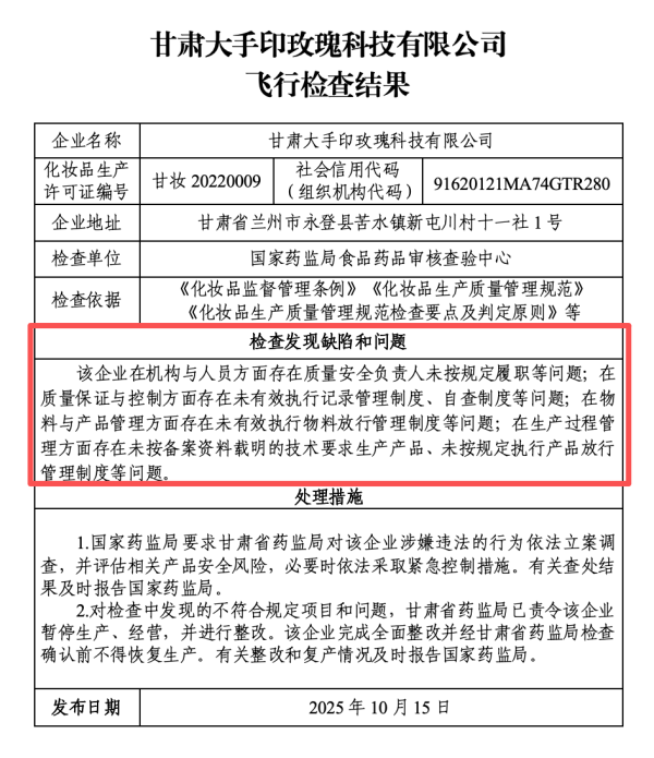 甘肃一化妆品企业质量管理体系存在严重缺陷