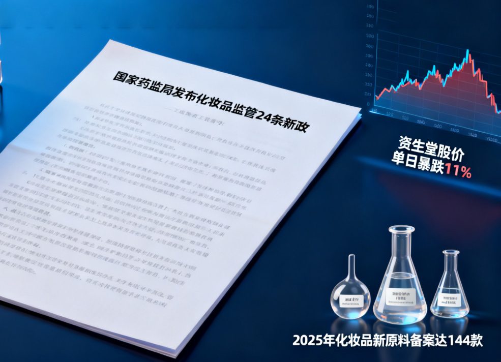 国家药监局发布化妆品监管24条新政；资生堂股价单日暴跌11%；2025年化妆品新原料备案达144款
